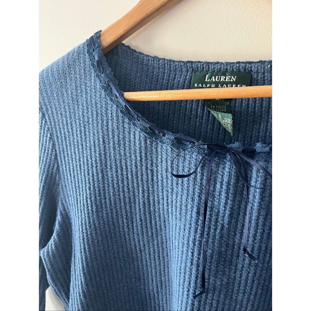 Lauren Ralph Lauren Blue Waffle Knit y2k 100% Cotton blouse L Lace Trim coquette - Picture 4 of 8